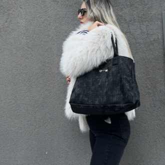 Süet Siyah Hasır Deri Maxi ShoppingBag 