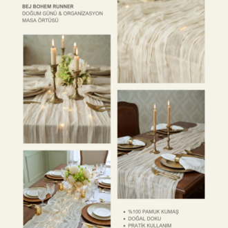 Bej Bohem Runner - Rustik Bahçe Konsepti & Nişan, Söz İçin Masa Örtüsü 50x300