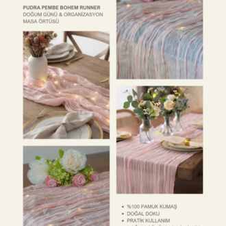 Pudra Pembe Bohem Runner - Bahçe Konsepti & Organizasyon için Masa Örtüsü 50x200