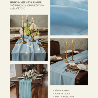 Bebek Mavisi Şifon Runner - Baby Shower & Organizasyonlar için Masa Örtüsü