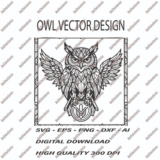 Majestic Geometric Owl Vector - Detailed Wisdom Owl Design for T-Shirts, Mugs, and Prints