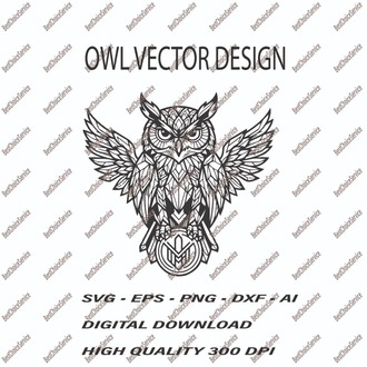 Lonely Owl Geometric Vector Art - Intricate Wisdom Owl SVG, EPS, PNG, DXF, AI - Digital Download