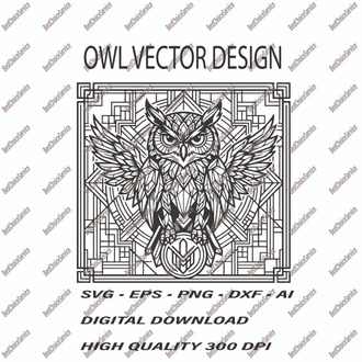 Geometric Owl Vector Design - Majestic Wisdom Owl SVG, EPS, PNG, DXF, AI - Digital Download