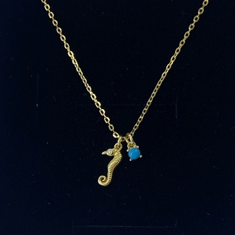 Gold Mavi Taşlı Deniz Atı Kolye | 925 Ayar Gümüş