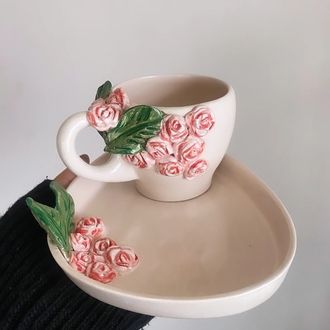 Gül Demetli iki parçalı ( tabağıyla) Fincan 