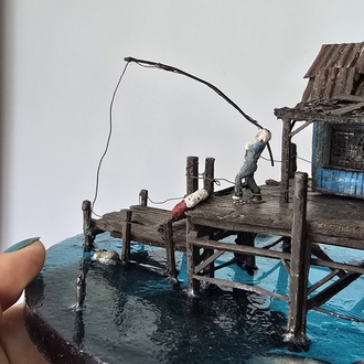 epoksi deniz üzerinde balıkçı evi ve balıkçı #diorama