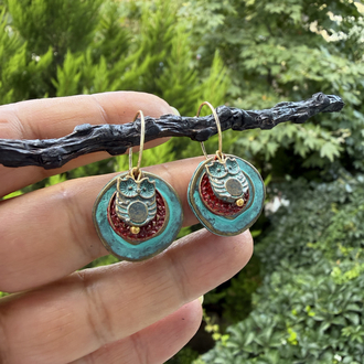 Yeşil Patineli Bordo Detaylı Baykuş Küpe