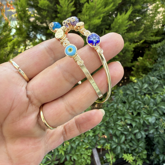 Mavi & Mor Akik Taşlı Figürlü Gold Cuff Kelepçeler