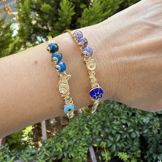 Mavi & Mor Akik Taşlı Figürlü Gold Cuff Kelepçeler