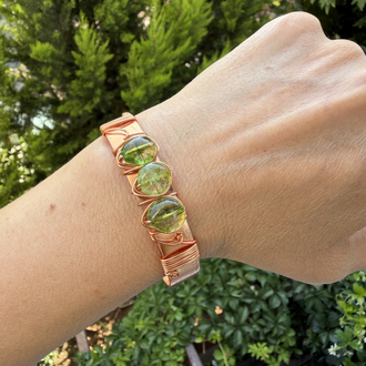 Saf Bakır Tel Sarma Prehnite Doğal Taşlı Cuff Bileklik