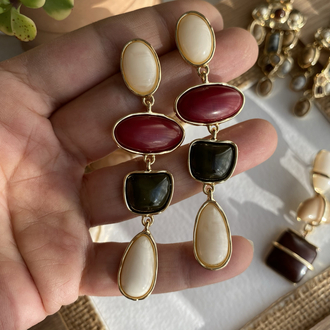 Üç Renk Damla Küpe (Krem/Bordo/Yeşil)