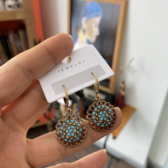 Turkuaz Taşlı Otantik Bronz Küpe