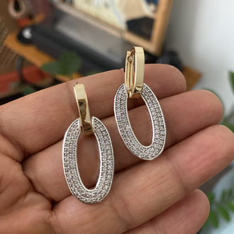 Taşlı İki Renk Vip Oval Küpe