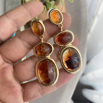Üç Taşlı Kehribar Renkli i Küpe