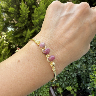 Ham Pembe Turmalin Gold Renk Cuff Bileklik 