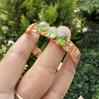 Saf Bakır Tel Sarma Prehnite Doğal Taşlı Cuff Bileklik