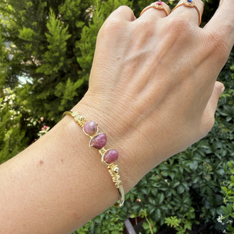 Ham Pembe Turmalin Gold Renk Cuff Bileklik 