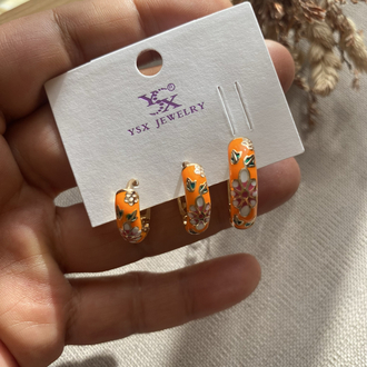 Turuncu Renk Çiçekli Mineli Üçlü Vip küpe