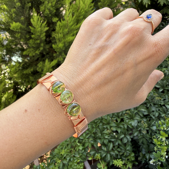 Saf Bakır Tel Sarma Prehnite Doğal Taşlı Cuff Bileklik