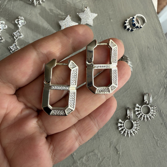 Geometrik Çift Halka Zirkon Taşlı Küpe