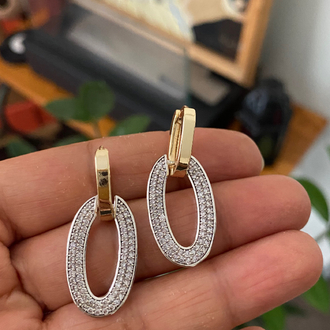 Taşlı İki Renk Vip Oval Küpe