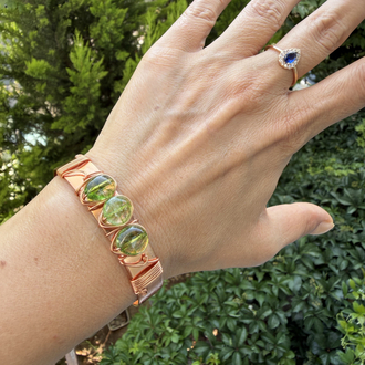 Saf Bakır Tel Sarma Prehnite Doğal Taşlı Cuff Bileklik