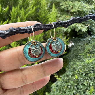 Yeşil Patineli Bordo Detaylı Baykuş Küpe