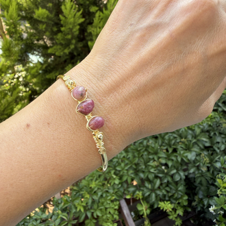 Ham Pembe Turmalin Gold Renk Cuff Bileklik 