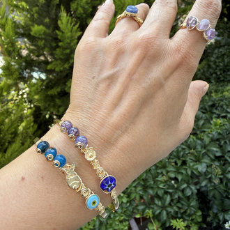 Mavi & Mor Akik Taşlı Figürlü Gold Cuff Kelepçeler