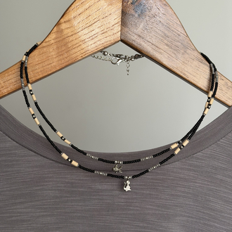 Minimal Kedili/Balıklı Siyah Bohem Kolye