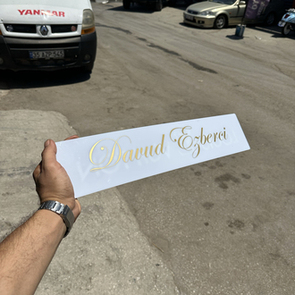 Dekor plaka beyaz üzeri gold el yazısı