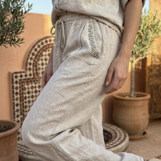 Taş Detaylı İthal Keten Pantolon