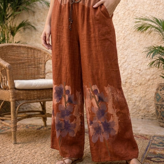Kemerli Desenli İthal Keten Pantolon