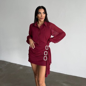 Bordo Taşlı Gömlek Elbise