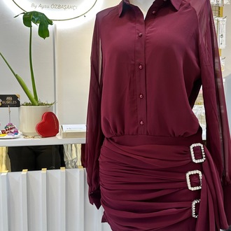 Bordo Taşlı Gömlek Elbise