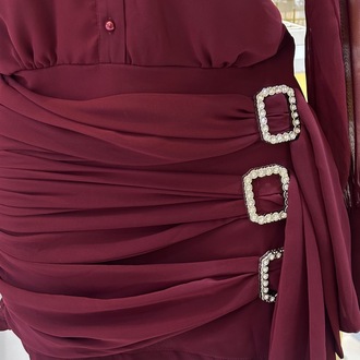 Bordo Taşlı Gömlek Elbise