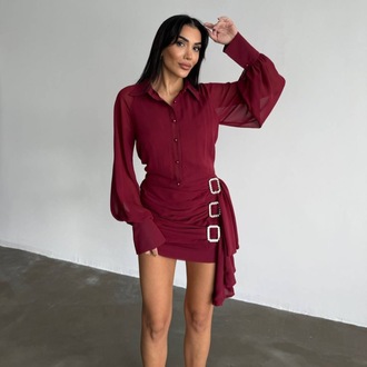 Bordo Taşlı Gömlek Elbise