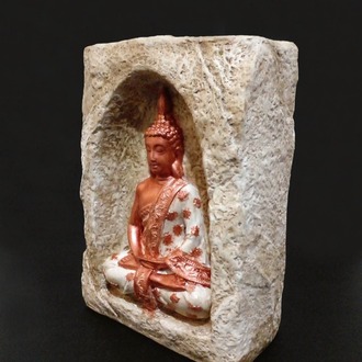 Bej Renkli Mağara İçinde Bakır-Beyaz Buda Tealight Mumluk