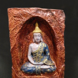 Bakır Rengi Mağara İçinde Mavi-Bej Buda Tealight Mumluk