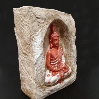 Bej Renkli Mağara İçinde Bakır-Beyaz Buda Tealight Mumluk
