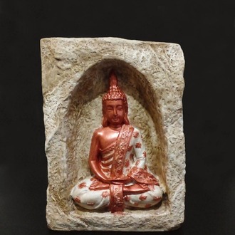 Bej Renkli Mağara İçinde Bakır-Beyaz Buda Tealight Mumluk