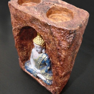 Bakır Rengi Mağara İçinde Mavi-Bej Buda Tealight Mumluk