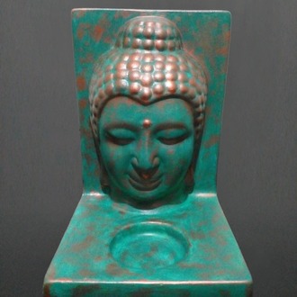 Zümrüt Yeşili Bakır Eskitme Buda Tealight Mumluk (Orta Boy)