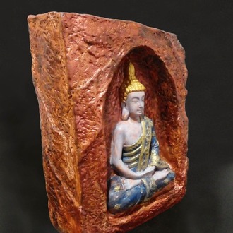 Bakır Rengi Mağara İçinde Mavi-Bej Buda Tealight Mumluk
