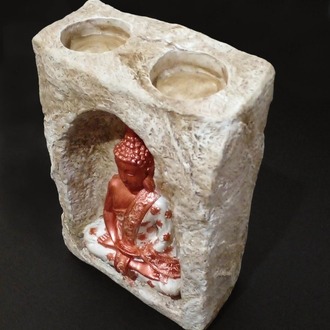 Bej Renkli Mağara İçinde Bakır-Beyaz Buda Tealight Mumluk