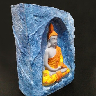 Mavi Renkli Mağara İçinde Oturan Turuncu-Sarı Buda Tealight Mumluk