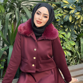 Kürk Yaka Etekli Takım Bordo 