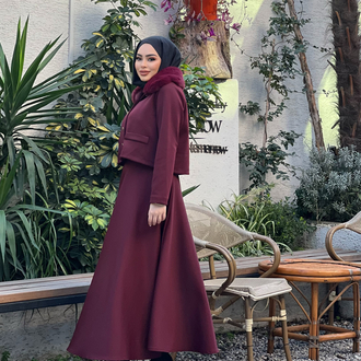 Kürk Yaka Etekli Takım Bordo 