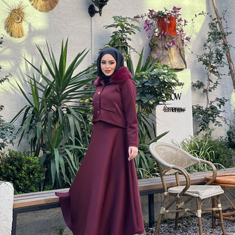 Kürk Yaka Etekli Takım Bordo 
