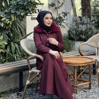 Kürk Yaka Etekli Takım Bordo 